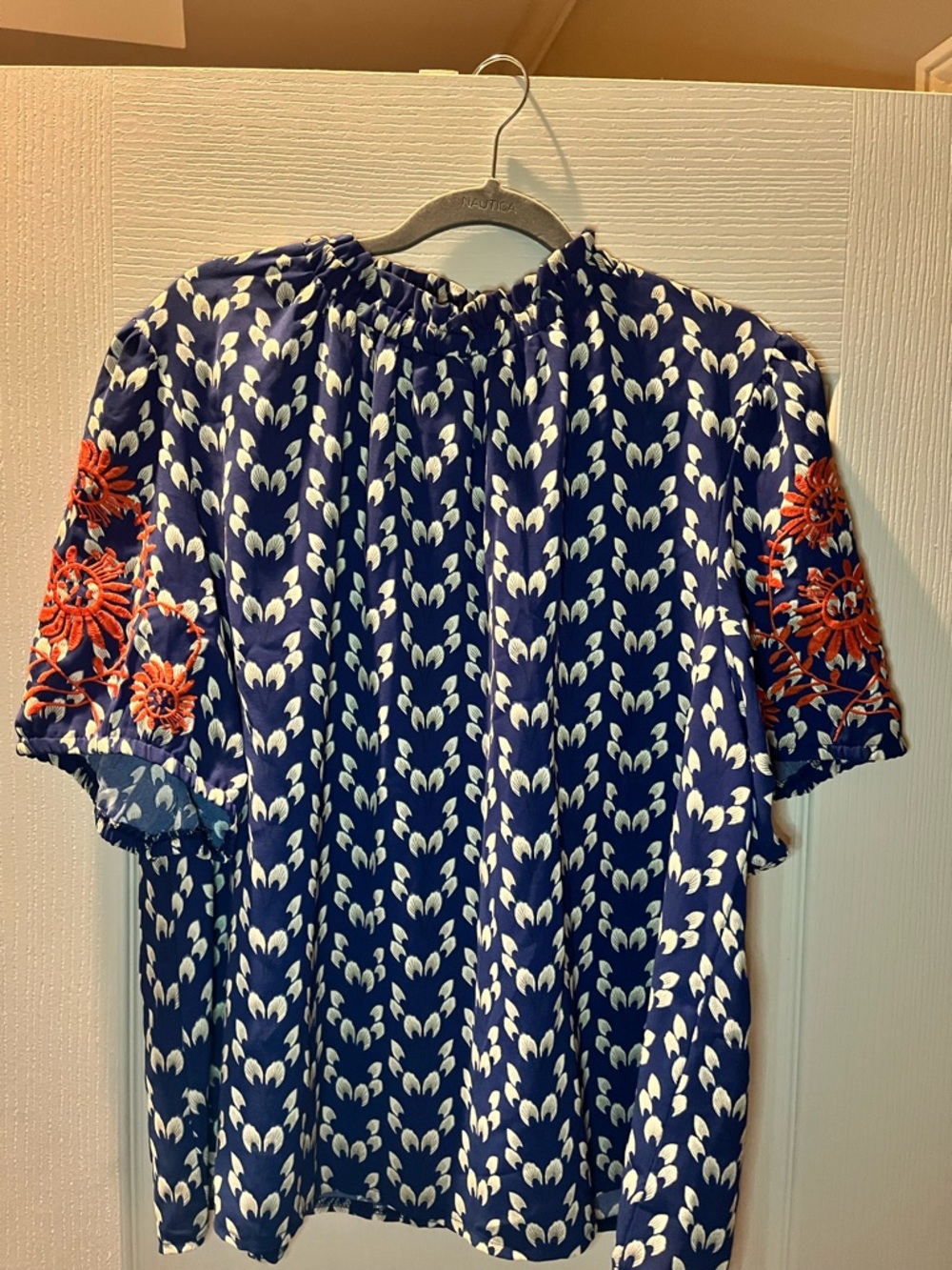 SHEIN Navy Blue Floral Print Blouse with Orange Embroidered Sleeves